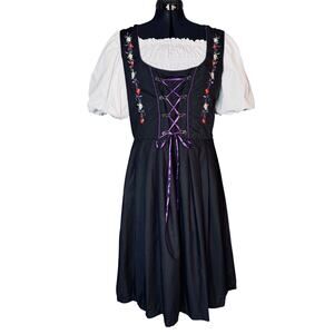 Dirndl World Sz 14 Embroidered Octoberfest Knee Dress Black Floral Corset Scandi